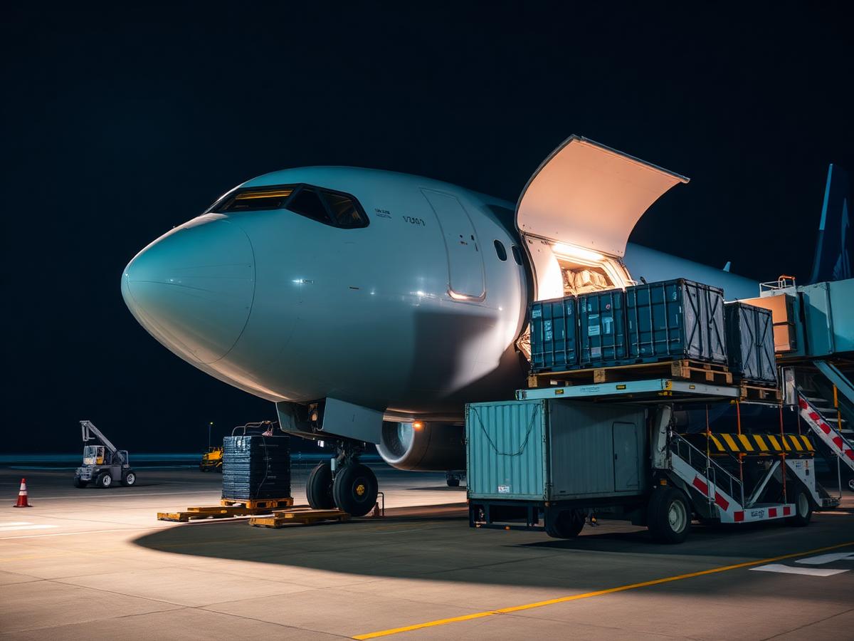 Air cargo freighter being loaded with pallets at night