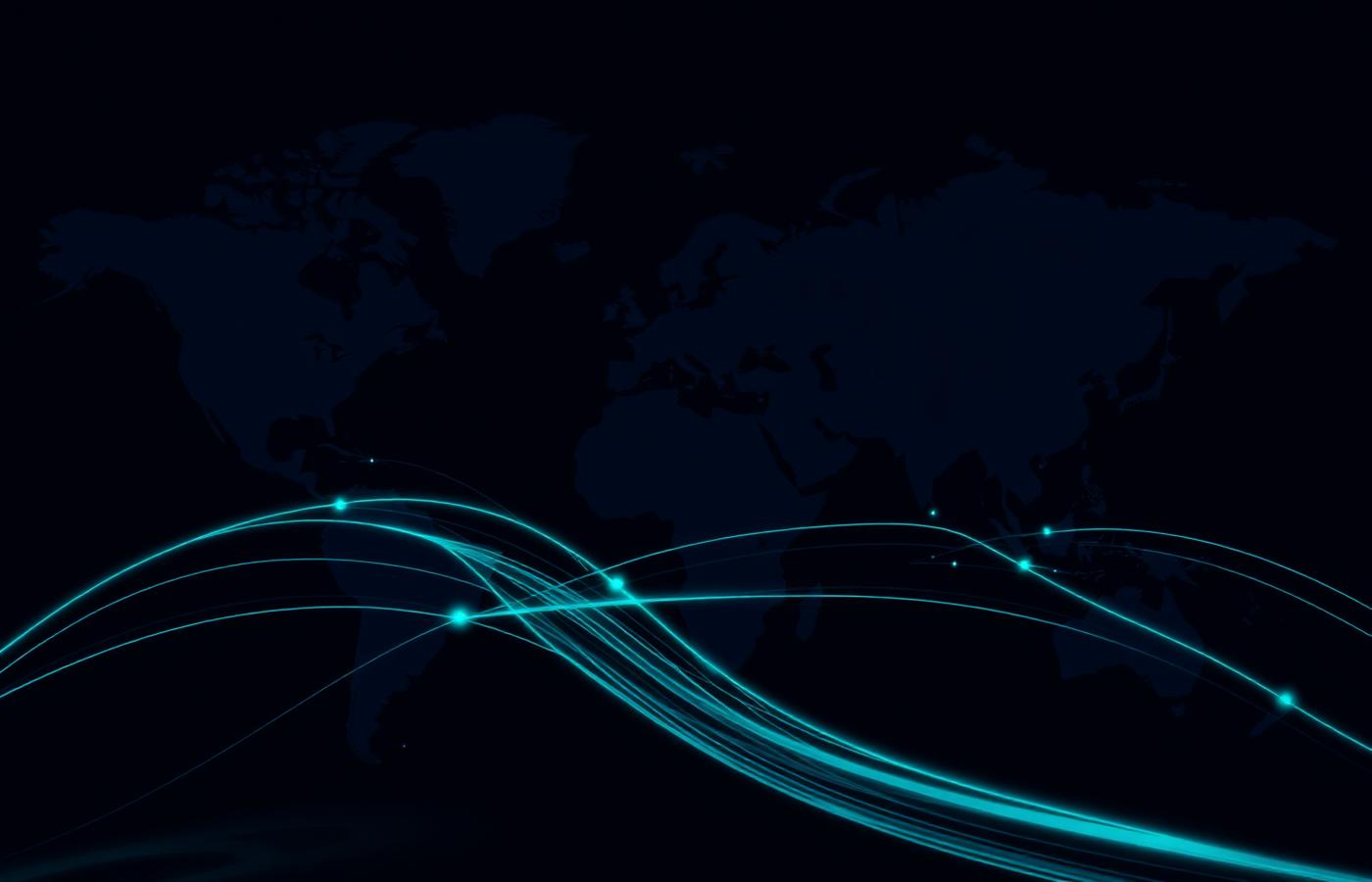 Global shipping network visualized as glowing routes across a world map